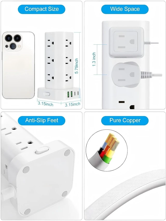 Alt view image 7 of 7 - 6FT Power Strip Tower with Wireless Charger,Surge Protector with 12 Outlets