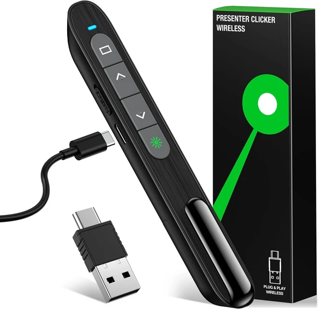 Main image of 2 in 1 USB Type C Rechargeable Presentation Clicker with Green Pointer, Wireless Presenter for PowerPoint Presentation PPT Clicker, 2.4GHz Presentation Remote Slide Advancer for Computer MacBook