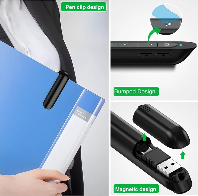 Alt view image 6 of 7 - 2 in 1 USB Type C Rechargeable Presentation Clicker with Green Pointer, Wireless Presenter for PowerPoint Presentation PPT Clicker, 2.4GHz Presentation Remote Slide Advancer for Computer MacBook