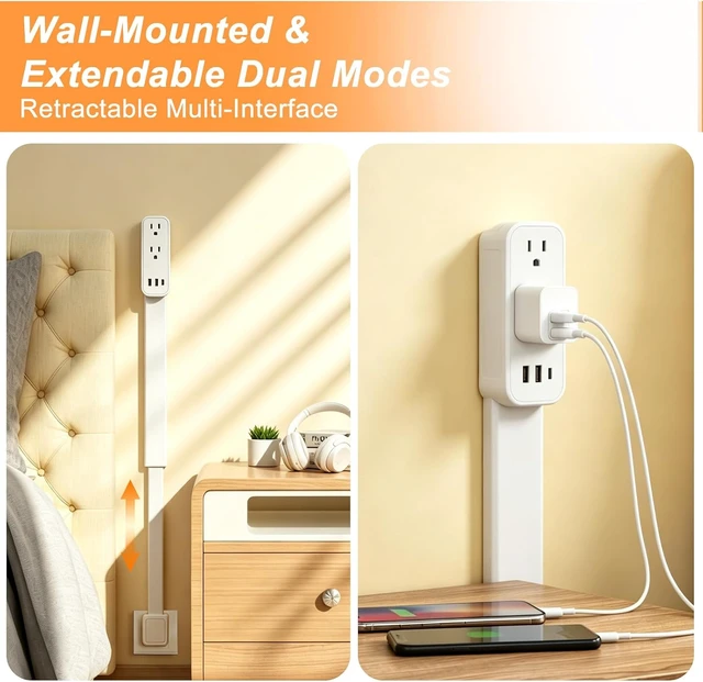 Alt view image 7 of 7 - Outlet Extender Stick - Features USB-A, USB-C and 2 AC Outlets, Extends 17.5"-29.1", Rotates 360° Access Hard-to-Reach Outlets, Wall Plug Power Socket Expander Nightstands, Sofa, Desks and More