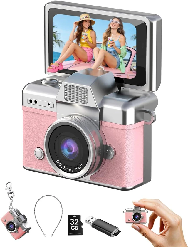 Main image of Mini Keychain Camera, 1080P Portable Digital Camera with 1.47 Flip LCD & Flash, Retro Collectible Pocket Camera for Travel, Parties, Birthday(Pink32GB)