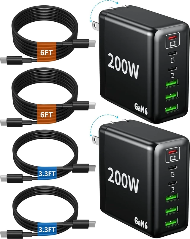 Main image of 2 Pack USB C Charger Block, 200W GaN Super Fast Charger Type C Fast Charging 6 Port Foldable PD Charging Station for All Phone/Android Galaxy S25/S24/MacBook iPad