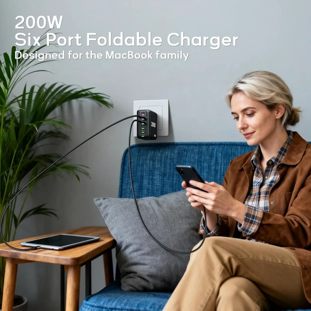 Alt view image 3 of 7 - 2 Pack USB C Charger Block, 200W GaN Super Fast Charger Type C Fast Charging 6 Port Foldable PD Charging Station for All Phone/Android Galaxy S25/S24/MacBook iPad
