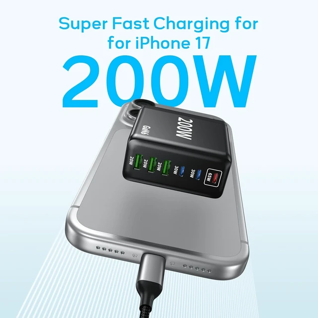 Alt view image 4 of 7 - 2 Pack USB C Charger Block, 200W GaN Super Fast Charger Type C Fast Charging 6 Port Foldable PD Charging Station for All Phone/Android Galaxy S25/S24/MacBook iPad