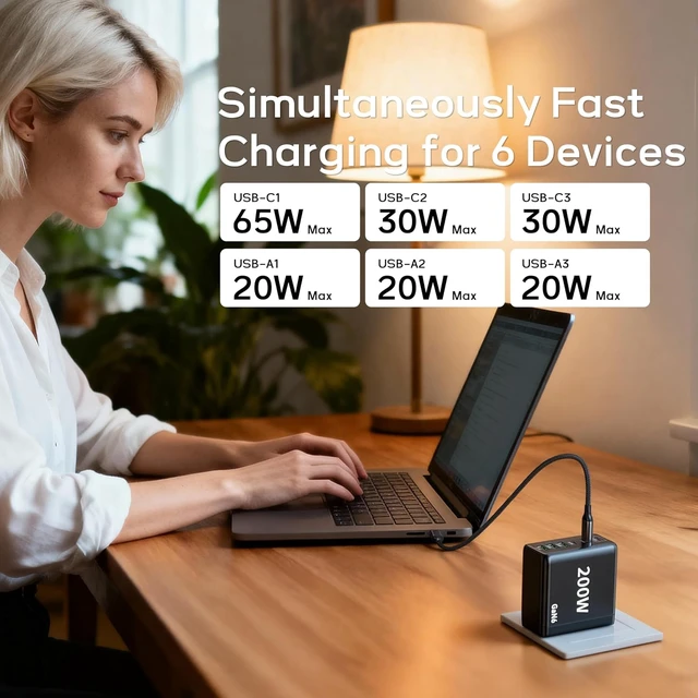 Alt view image 6 of 7 - 2 Pack USB C Charger Block, 200W GaN Super Fast Charger Type C Fast Charging 6 Port Foldable PD Charging Station for All Phone/Android Galaxy S25/S24/MacBook iPad