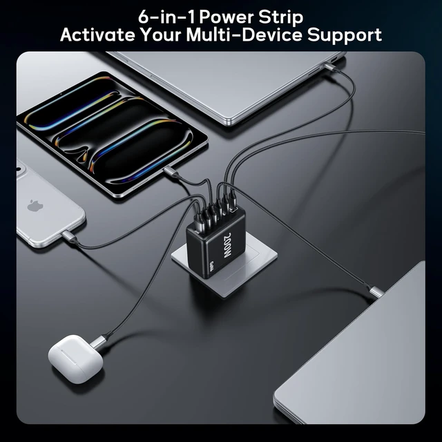 Alt view image 7 of 7 - 2 Pack USB C Charger Block, 200W GaN Super Fast Charger Type C Fast Charging 6 Port Foldable PD Charging Station for All Phone/Android Galaxy S25/S24/MacBook iPad
