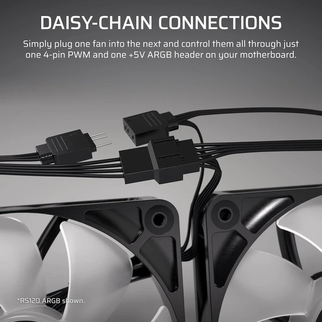 Alt view image 5 of 7 - RS120-R ARGB 120mm PWM ARGB Reverse Fans Reverse Rotor, +5V ARGB Connections, Eight RGB LEDs, High Static Pressure, Daisy-Chain, Magnetic Dome Bearing, Zero RPM Mode Triple Pack Black
