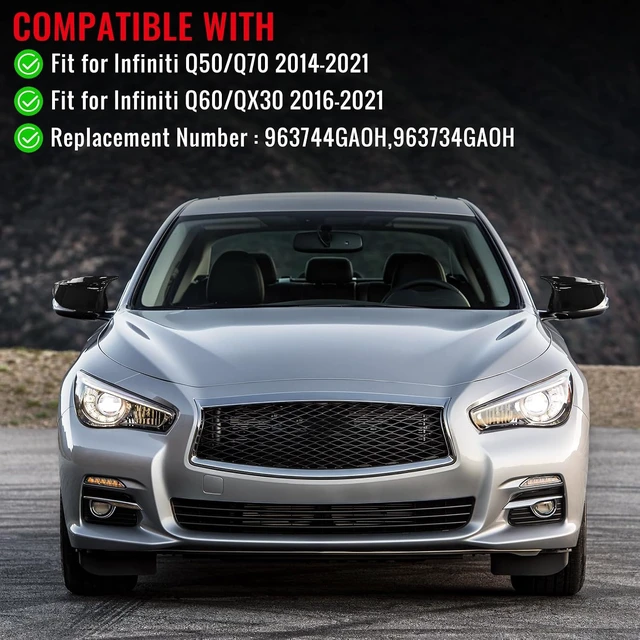 Alt view image 2 of 7 - Side Mirror Cover Caps fit for Infiniti Q50/Q70 2014-2021 Q60/QX30 2016-2021,Driver Passenger Side Exterior Rear View Mirror Shell Replacement w/Tool,963744GAOH,963734GAOH,1Pair Glossy Black