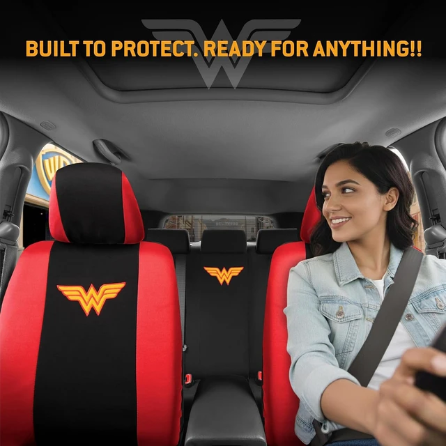 Alt view image 2 of 7 - BDK Wonder Woman Car Seat Covers - Full 9 Piece Set - Warner Brothers Polyester Seat Protectors Black & Red