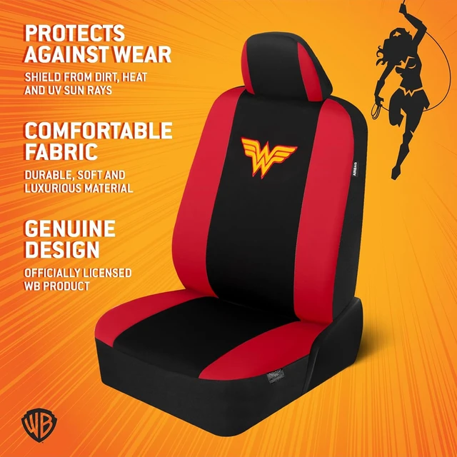 Alt view image 3 of 7 - BDK Wonder Woman Car Seat Covers - Full 9 Piece Set - Warner Brothers Polyester Seat Protectors Black & Red