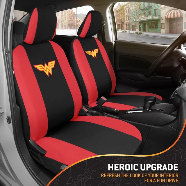 Alt view image 4 of 7 - BDK Wonder Woman Car Seat Covers - Full 9 Piece Set - Warner Brothers Polyester Seat Protectors Black & Red