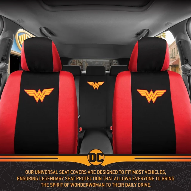 Alt view image 6 of 7 - BDK Wonder Woman Car Seat Covers - Full 9 Piece Set - Warner Brothers Polyester Seat Protectors Black & Red