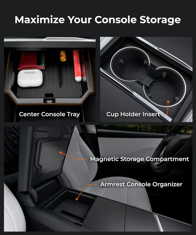 Alt view image 2 of 7 - Center Console Organizer Set for Tesla Model Y Juniper (Premium & Performance 2025/2026) and Model 3 Highland (All Trims 2024/25/26) 4PCS Tesla Interior Accessories Black
