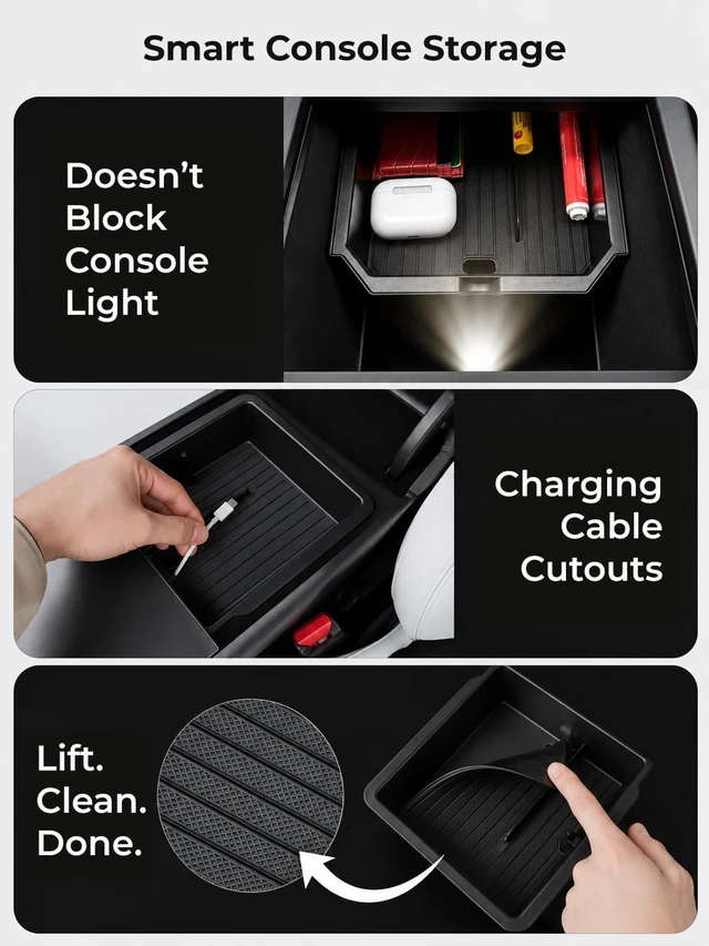 Alt view image 4 of 7 - Center Console Organizer Set for Tesla Model Y Juniper (Premium & Performance 2025/2026) and Model 3 Highland (All Trims 2024/25/26) 4PCS Tesla Interior Accessories Black