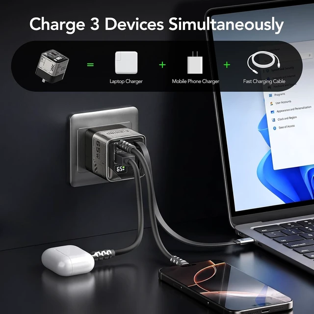 Alt view image 3 of 7 - 65W GaN USB C Charger with Retractable Cable, Wall Charger Block
