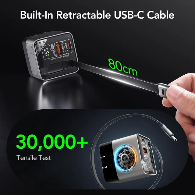 Alt view image 4 of 7 - 65W GaN USB C Charger with Retractable Cable, Wall Charger Block