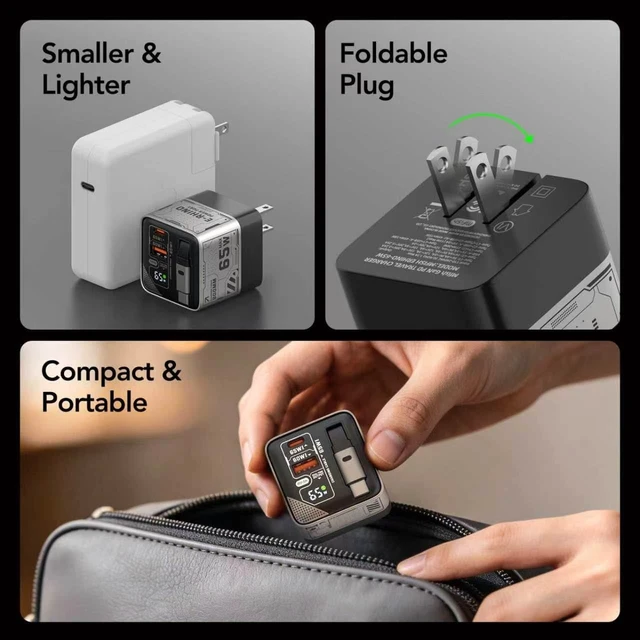 Alt view image 5 of 7 - 65W GaN USB C Charger with Retractable Cable, Wall Charger Block