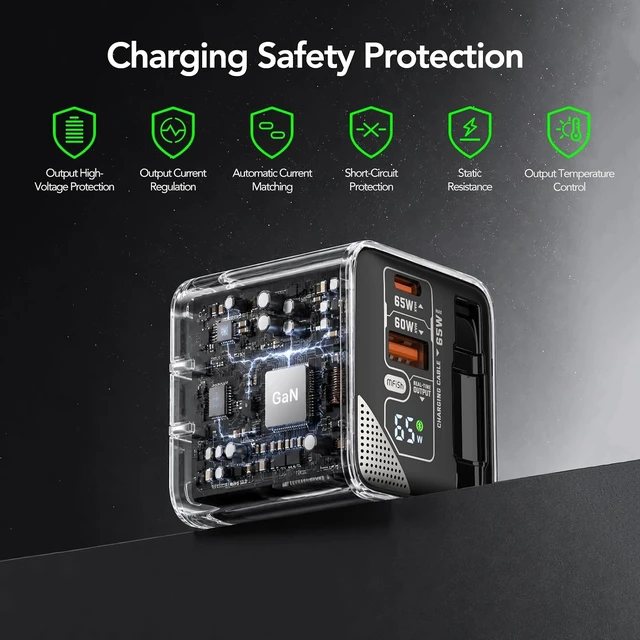Alt view image 6 of 7 - 65W GaN USB C Charger with Retractable Cable, Wall Charger Block