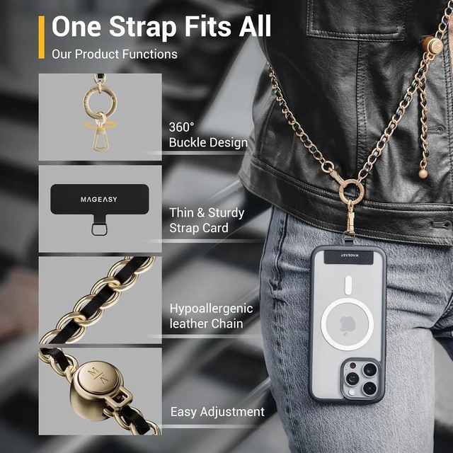 Alt view image 3 of 7 - Cell Phone Chain Lanyard Crossbody with Tether Tab & Attachment Clip, Metal & Leather Strap with 360 Rotatable Buckle Adjustable Length, Chic Rust-Proof Strap for iPhone (Classic Gold)