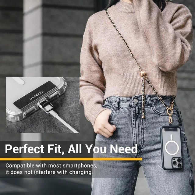 Alt view image 4 of 7 - Cell Phone Chain Lanyard Crossbody with Tether Tab & Attachment Clip, Metal & Leather Strap with 360 Rotatable Buckle Adjustable Length, Chic Rust-Proof Strap for iPhone (Classic Gold)