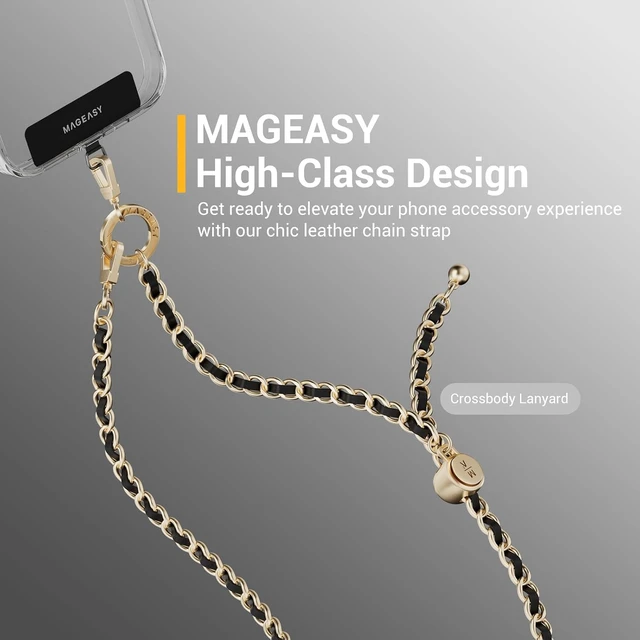 Alt view image 6 of 7 - Cell Phone Chain Lanyard Crossbody with Tether Tab & Attachment Clip, Metal & Leather Strap with 360 Rotatable Buckle Adjustable Length, Chic Rust-Proof Strap for iPhone (Classic Gold)