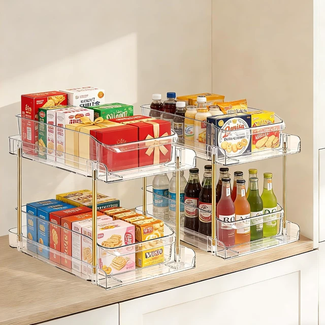 Alt view image 5 of 7 - 4pack 2-Tier Organizer & Storage Unit Stackable Bathroom Cabinet Organizer Pull-Out Kitchen Pantry Organizer & Storage System Suitable for Countertops, Pantries, Kitchens, Bathrooms