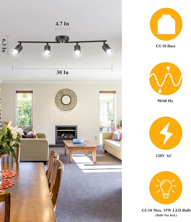 Alt view image 4 of 7 - LED 4 Light Track Lighting Kit, Black 4 Way Ceiling Spot Lighting, Flexibly Rotatable Light Head for Kitchen, Living Room, Bedroom, Bulb Not Included
