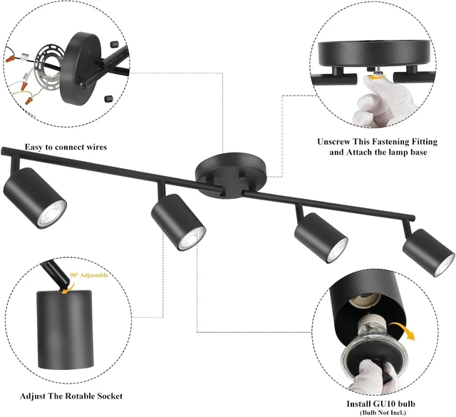 Alt view image 5 of 7 - LED 4 Light Track Lighting Kit, Black 4 Way Ceiling Spot Lighting, Flexibly Rotatable Light Head for Kitchen, Living Room, Bedroom, Bulb Not Included