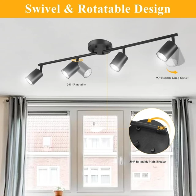 Alt view image 7 of 7 - LED 4 Light Track Lighting Kit, Black 4 Way Ceiling Spot Lighting, Flexibly Rotatable Light Head for Kitchen, Living Room, Bedroom, Bulb Not Included