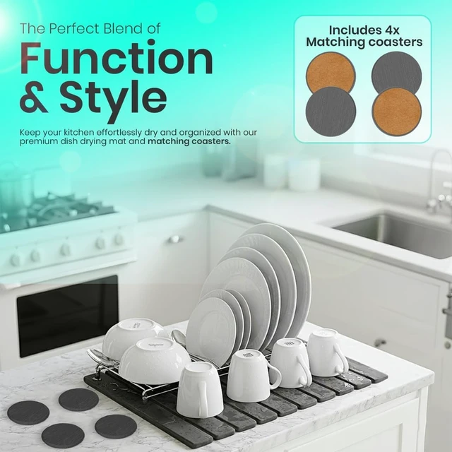 Alt view image 2 of 7 - Large Stone Dish Drying Mat For Kitchen Counter - Fast-Drying 24"(L)×16"(W) Collapsable Diatomaceous Mat With Four Matching Coasters - Versatile Stone Bath/Drying Mat for Cups, Dishes, Bottles