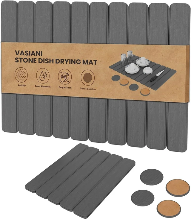 Main image of Large Stone Dish Drying Mat For Kitchen Counter - Fast-Drying 24"(L)×16"(W) Collapsable Diatomaceous Mat With Four Matching Coasters - Versatile Stone Bath/Drying Mat for Cups, Dishes, Bottles