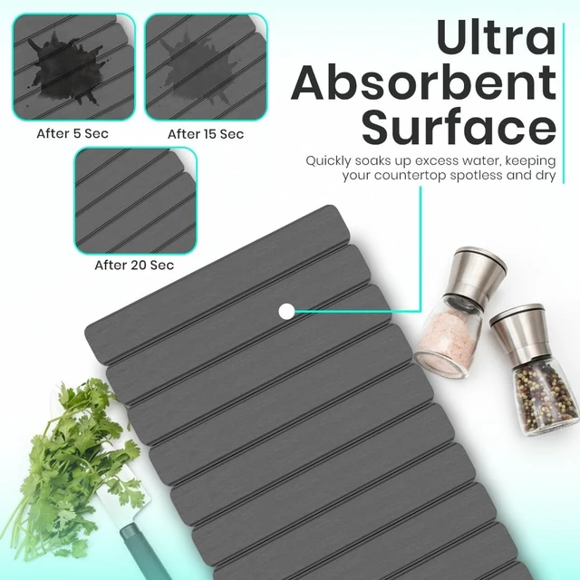 Alt view image 6 of 7 - Large Stone Dish Drying Mat For Kitchen Counter - Fast-Drying 24"(L)×16"(W) Collapsable Diatomaceous Mat With Four Matching Coasters - Versatile Stone Bath/Drying Mat for Cups, Dishes, Bottles