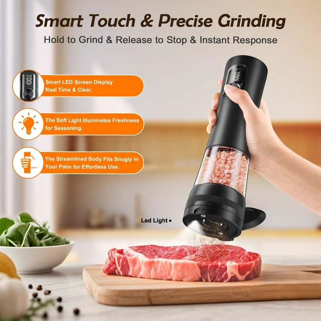 Alt view image 2 of 7 - Electric Salt and Pepper Grinder Set, Automatic Refillable Salt and Pepper Shakers 2-Speed Setting with LED Light and 5 Adjustable Coarseness,Practical and Convenient Kitchen Gadgets