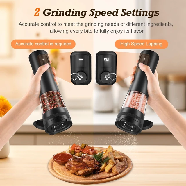 Alt view image 3 of 7 - Electric Salt and Pepper Grinder Set, Automatic Refillable Salt and Pepper Shakers 2-Speed Setting with LED Light and 5 Adjustable Coarseness,Practical and Convenient Kitchen Gadgets