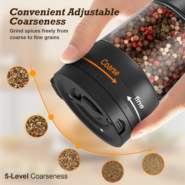 Alt view image 4 of 7 - Electric Salt and Pepper Grinder Set, Automatic Refillable Salt and Pepper Shakers 2-Speed Setting with LED Light and 5 Adjustable Coarseness,Practical and Convenient Kitchen Gadgets
