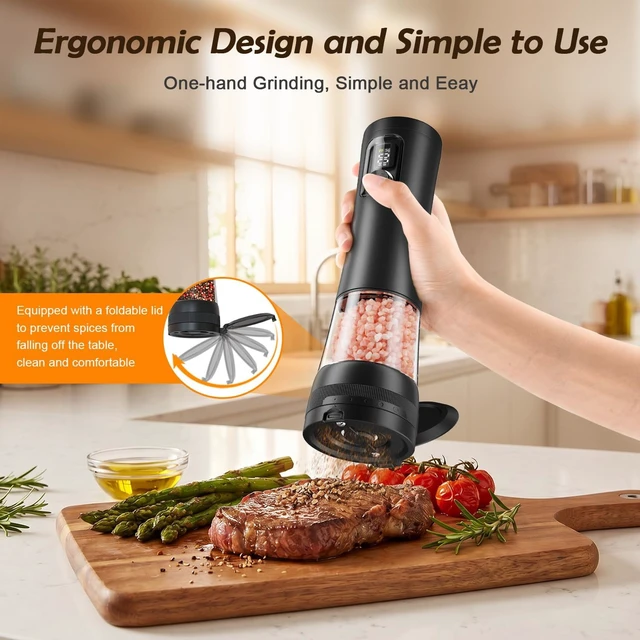 Alt view image 6 of 7 - Electric Salt and Pepper Grinder Set, Automatic Refillable Salt and Pepper Shakers 2-Speed Setting with LED Light and 5 Adjustable Coarseness,Practical and Convenient Kitchen Gadgets