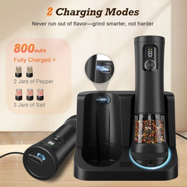 Alt view image 7 of 7 - Electric Salt and Pepper Grinder Set, Automatic Refillable Salt and Pepper Shakers 2-Speed Setting with LED Light and 5 Adjustable Coarseness,Practical and Convenient Kitchen Gadgets
