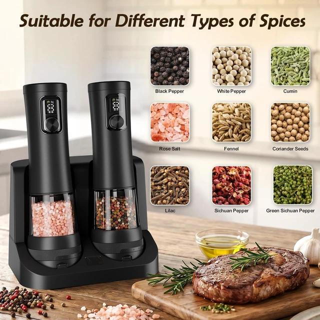 Alt view image 5 of 7 - Electric Salt and Pepper Grinder Set, Automatic Refillable Salt and Pepper Shakers 2-Speed Setting with LED Light and 5 Adjustable Coarseness,Practical and Convenient Kitchen Gadgets