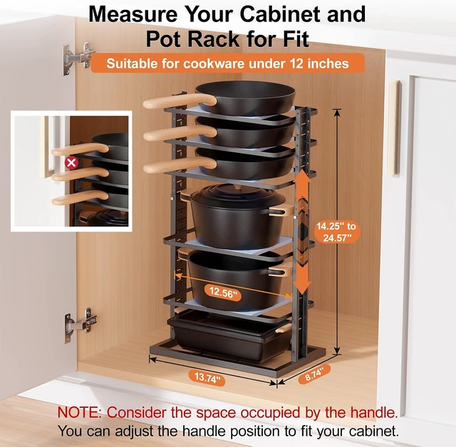 Alt view image 2 of 6 - Pots and Pans Organizer for under Cabinet, 6-Tier Heavy Duty Pan Pot Organizers inside Cabinet Adjustable 14 to 24.57", Pot Rack Kitchen Cabinet Organization and Storage Holds up to 12" Cookware