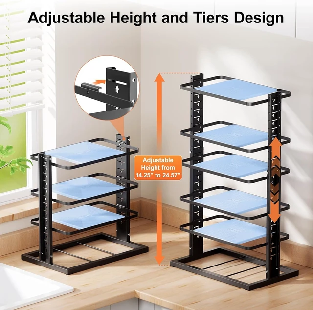 Alt view image 4 of 6 - Pots and Pans Organizer for under Cabinet, 6-Tier Heavy Duty Pan Pot Organizers inside Cabinet Adjustable 14 to 24.57", Pot Rack Kitchen Cabinet Organization and Storage Holds up to 12" Cookware