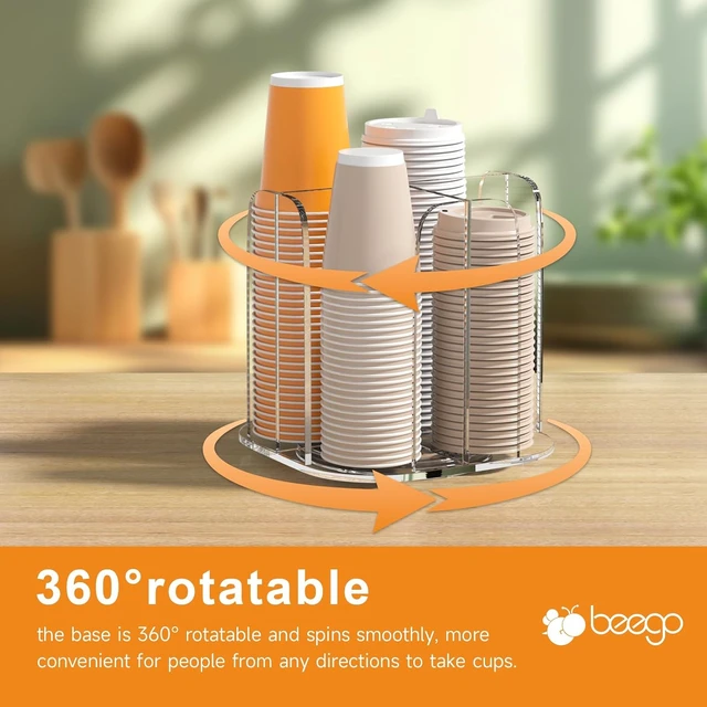 Alt view image 7 of 7 - Rotatable 4-Compartment Acrylic Cup Dispenser - Coffee Station Cup and Lid Carousel Countertop Plastic Cup Holder for Restaurant Breakroom Coffee Bar