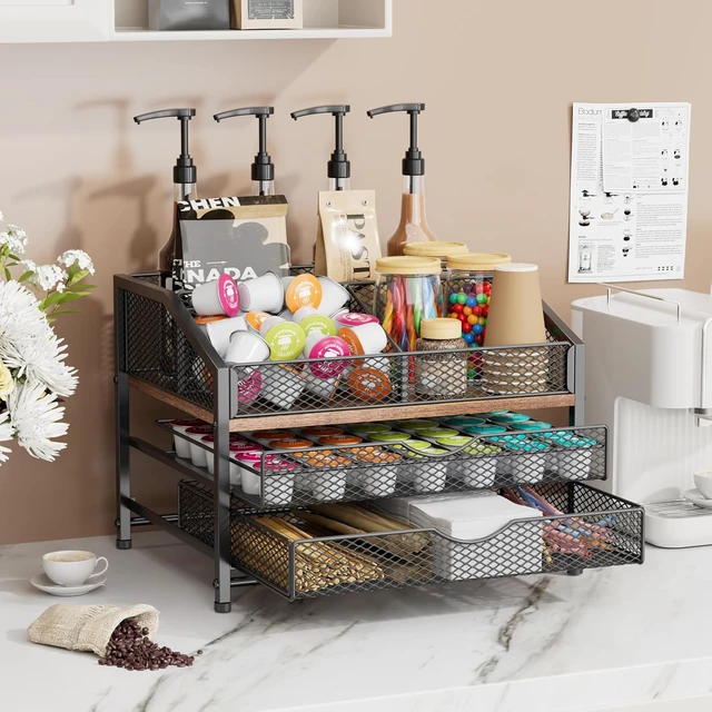 Alt view image 2 of 7 - Coffee Bar Organizer for Countertop, Coffee Station Organizer with Removable Dividers, Metal and Wood K Cup Holder Storage Basket for Pods, Syrup, Stirrer and Condiment, Black and Brown