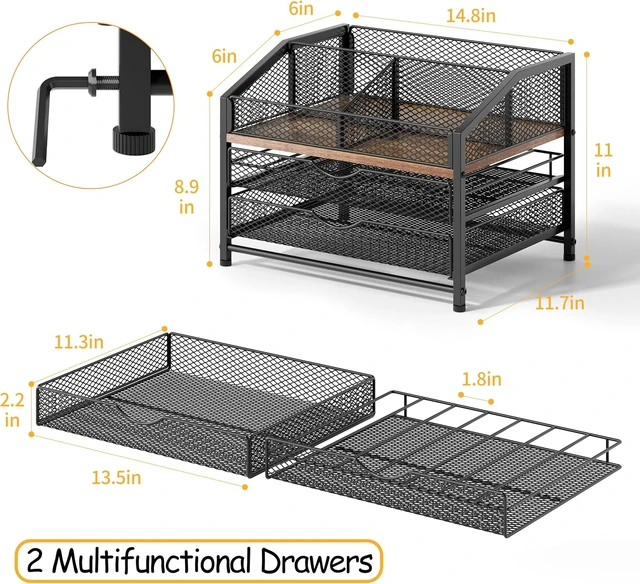 Alt view image 3 of 7 - Coffee Bar Organizer for Countertop, Coffee Station Organizer with Removable Dividers, Metal and Wood K Cup Holder Storage Basket for Pods, Syrup, Stirrer and Condiment, Black and Brown
