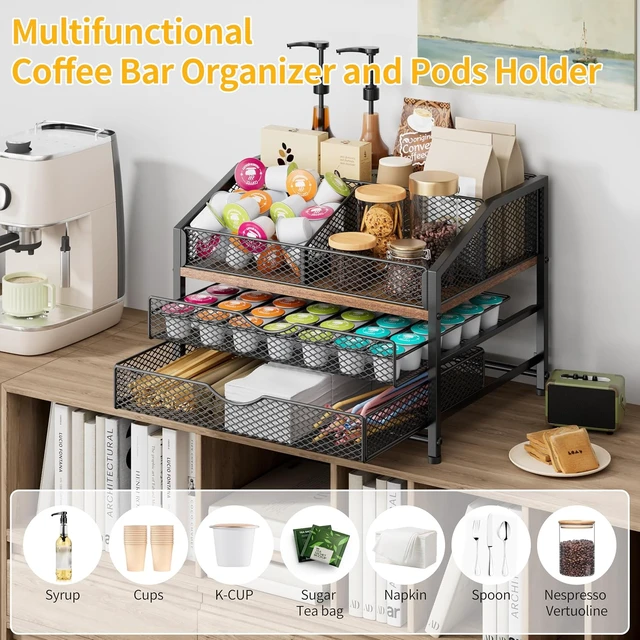 Alt view image 4 of 7 - Coffee Bar Organizer for Countertop, Coffee Station Organizer with Removable Dividers, Metal and Wood K Cup Holder Storage Basket for Pods, Syrup, Stirrer and Condiment, Black and Brown