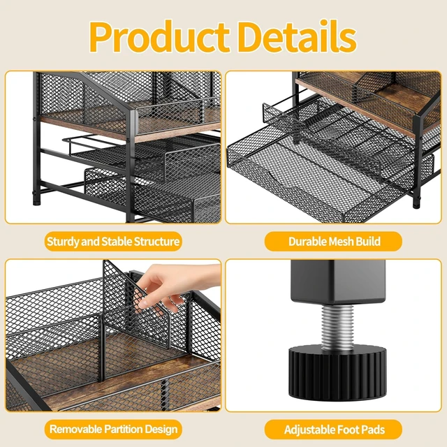 Alt view image 5 of 7 - Coffee Bar Organizer for Countertop, Coffee Station Organizer with Removable Dividers, Metal and Wood K Cup Holder Storage Basket for Pods, Syrup, Stirrer and Condiment, Black and Brown