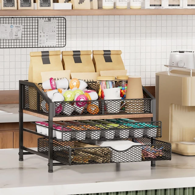 Alt view image 6 of 7 - Coffee Bar Organizer for Countertop, Coffee Station Organizer with Removable Dividers, Metal and Wood K Cup Holder Storage Basket for Pods, Syrup, Stirrer and Condiment, Black and Brown