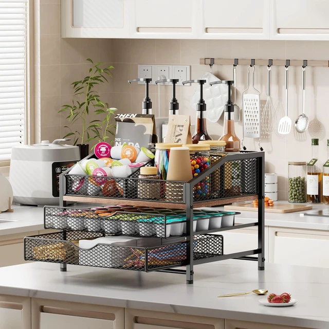Alt view image 7 of 7 - Coffee Bar Organizer for Countertop, Coffee Station Organizer with Removable Dividers, Metal and Wood K Cup Holder Storage Basket for Pods, Syrup, Stirrer and Condiment, Black and Brown