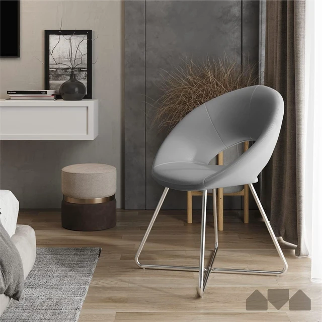 Alt view image 2 of 7 - Circle Leather Accent Chair for Living Room, Kitchen, Home Office and Bedroom, Modern Dining Room Chair with Chrome Legs (Grey)