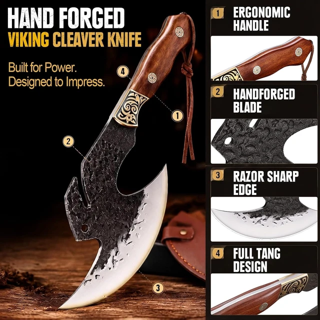 Alt view image 2 of 7 - Hand Forged Meat Cleaver,6.2" Viking Knife with Sheath gift for men