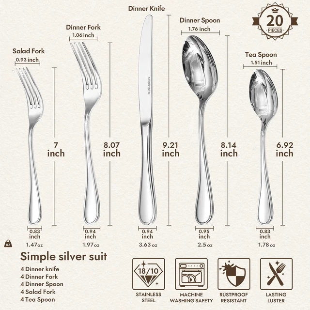 Alt view image 7 of 7 - 18/10 Stainless Steel Silverware Set for 4, 20 Piece Teardrop Flatware Set